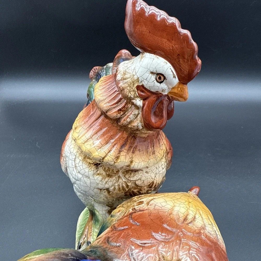 Rooster‎ Hen Baby Chick Figurine - Crackle Effect Colorful Vintage